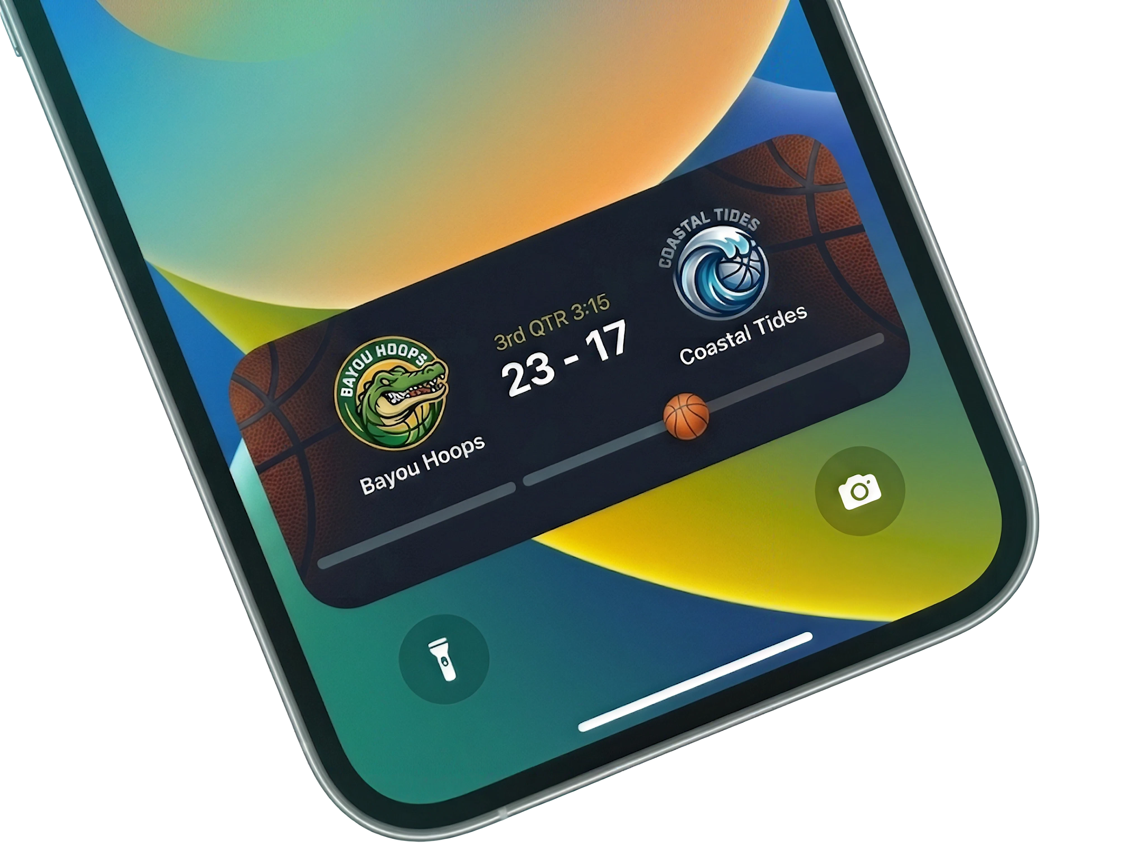 PlayerWiki live game widget on iPhone lock screen showing Bayou Hoops vs Coastal Tides mid-game score
